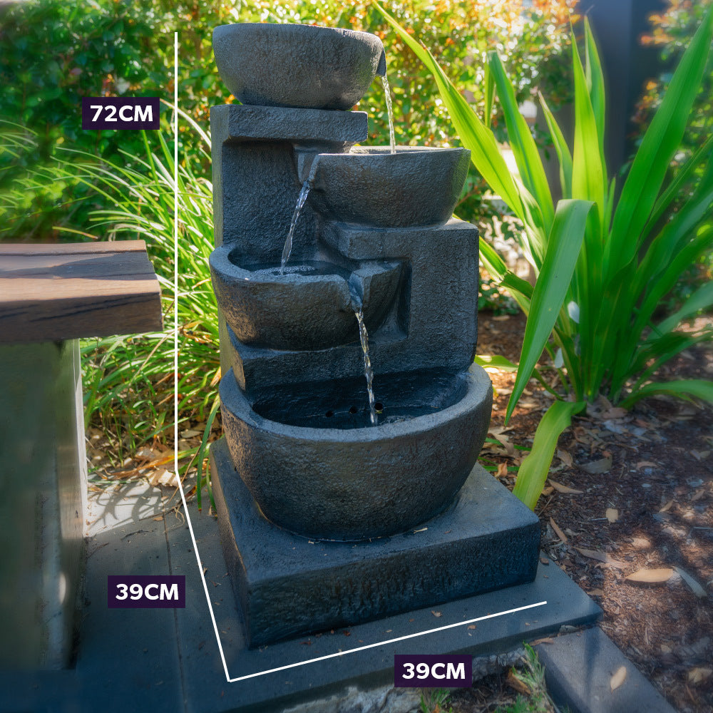 4 Tier Solar Powered Water Fountain with Light - Charcoal