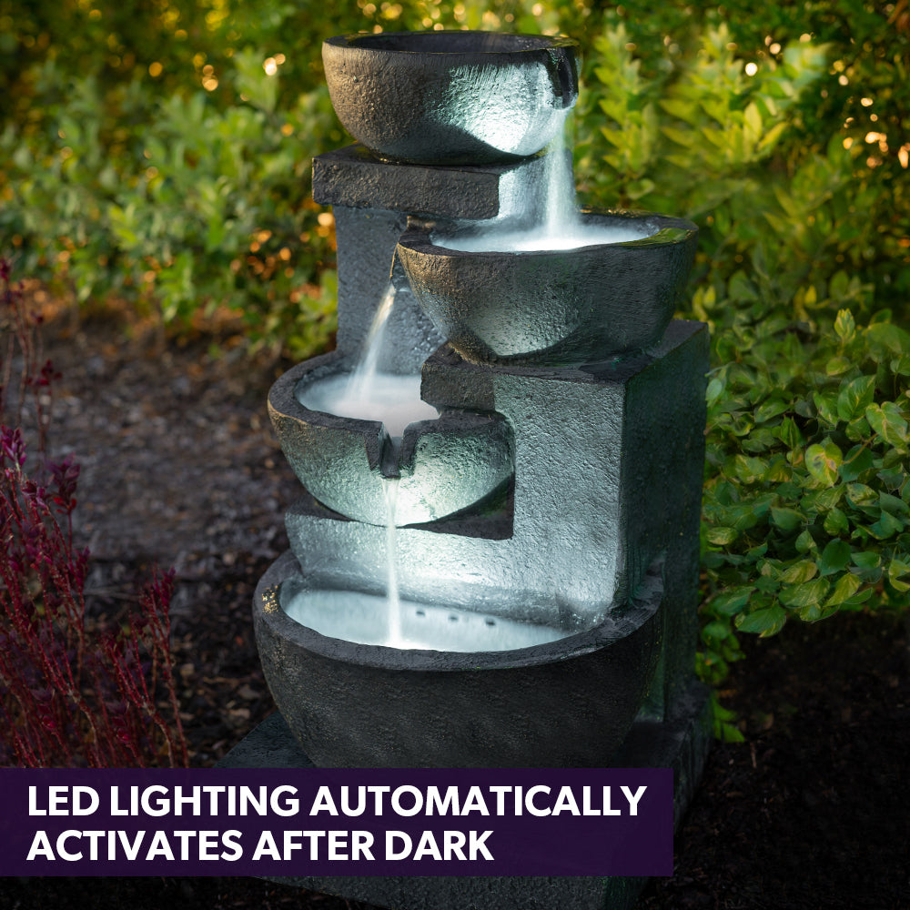 4 Tier Solar Powered Water Fountain with Light - Charcoal